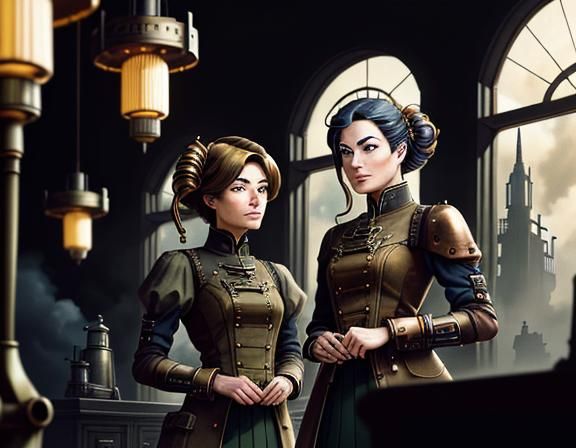 Steampunk Twins in Time Machine: Digital Matte Painting