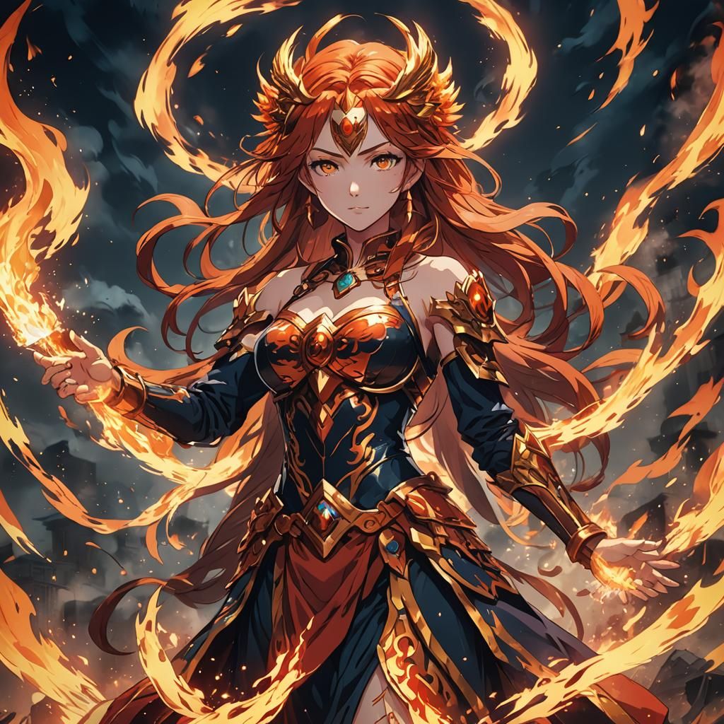 Anime Fire Goddess in Cel-Shaded Style