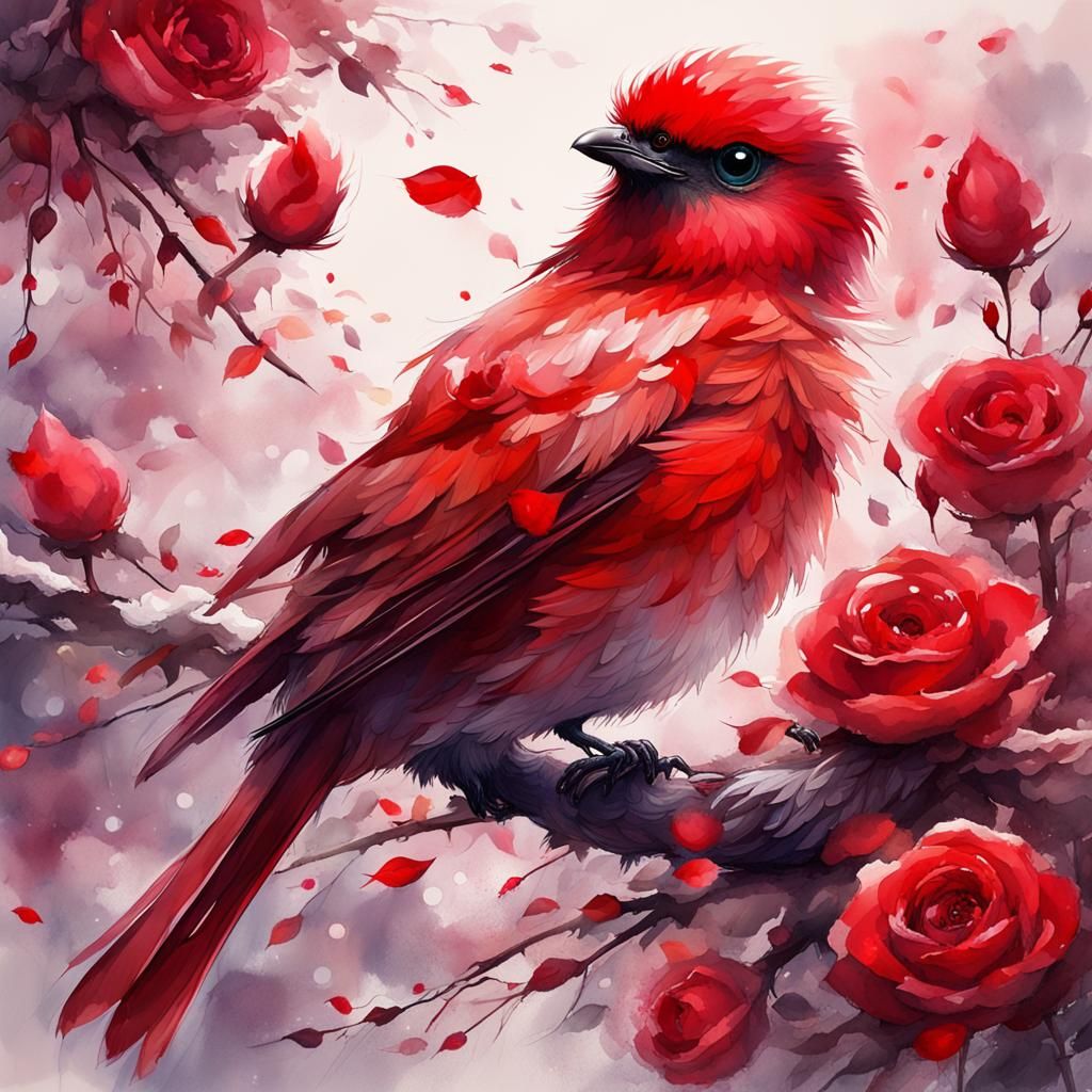 Cute Scarlet Bird in Crimson Roses Watercolor
