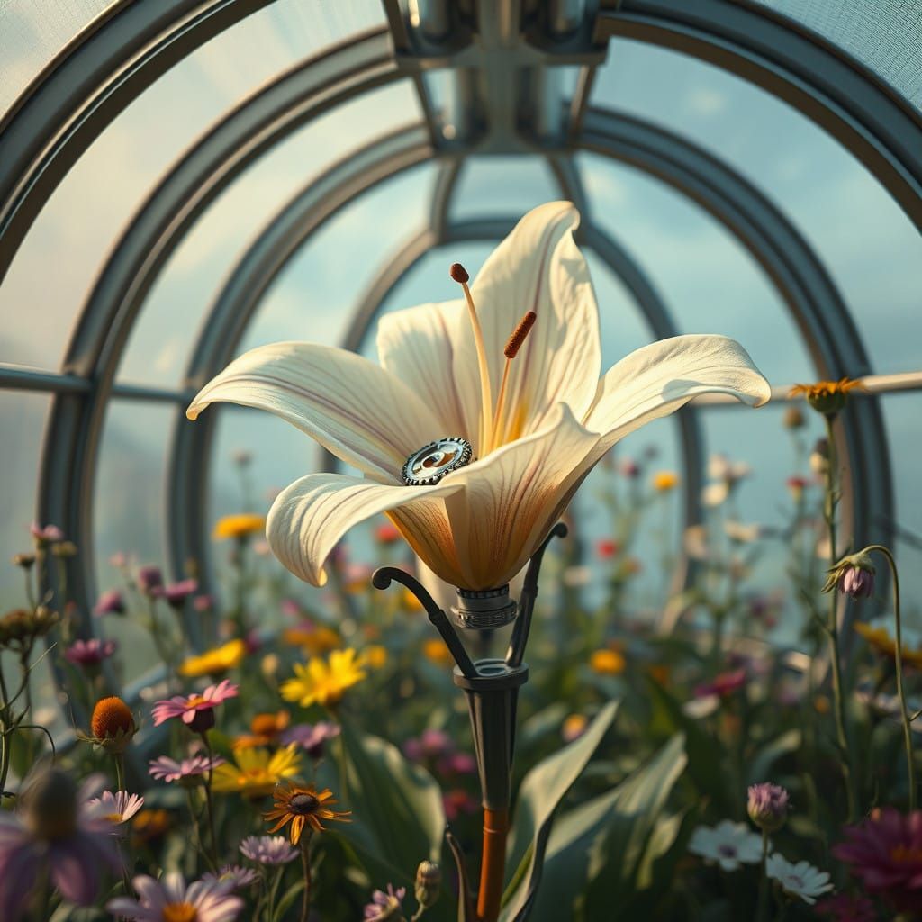 Surreal Mechanical Lily Blooms in Futuristic Glasshouse Amid...