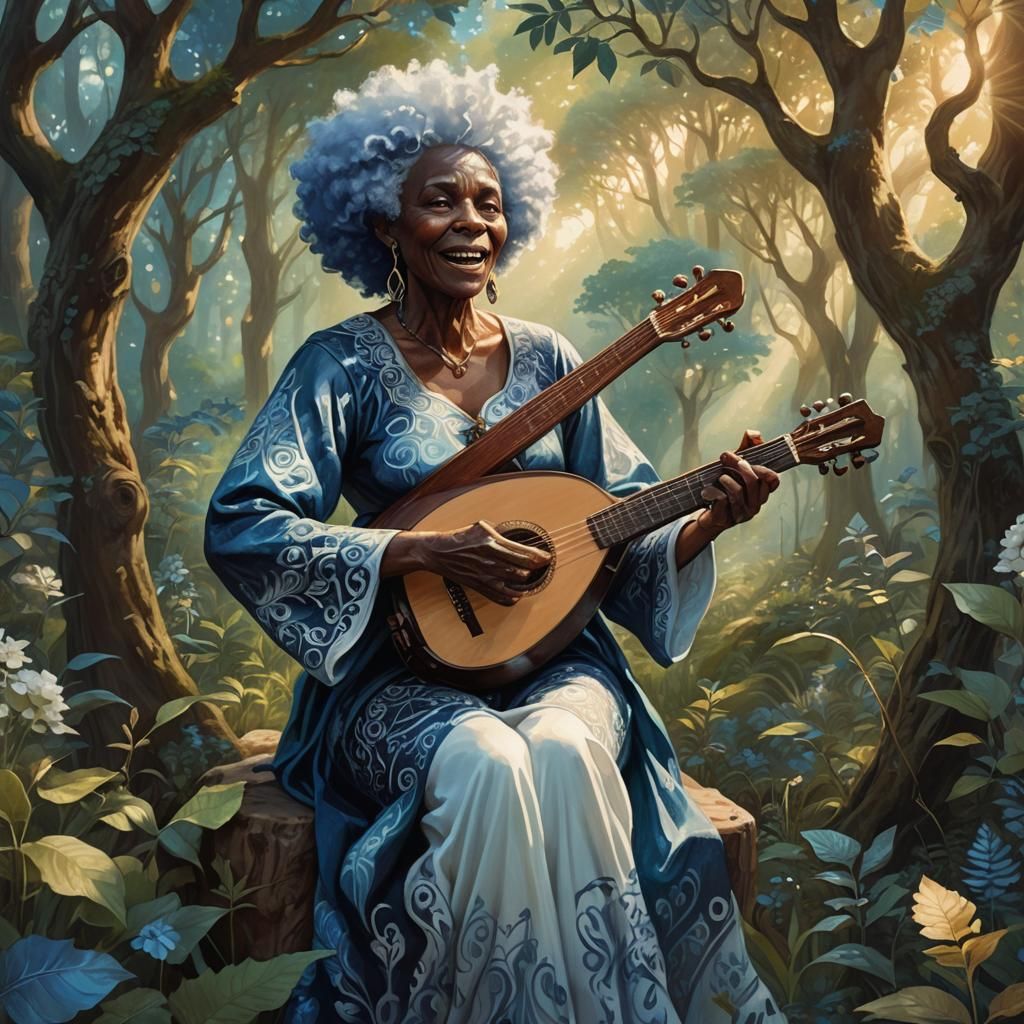 Elderly Elf Woman Singing in Lush Forest