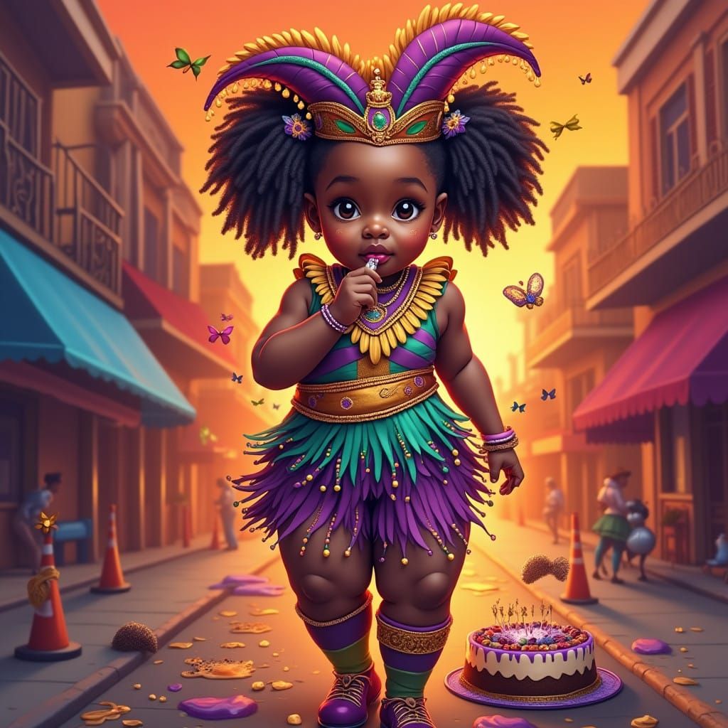 Vibrant Mardi Gras Indian Girl Devours Kingcake in Splendid ...