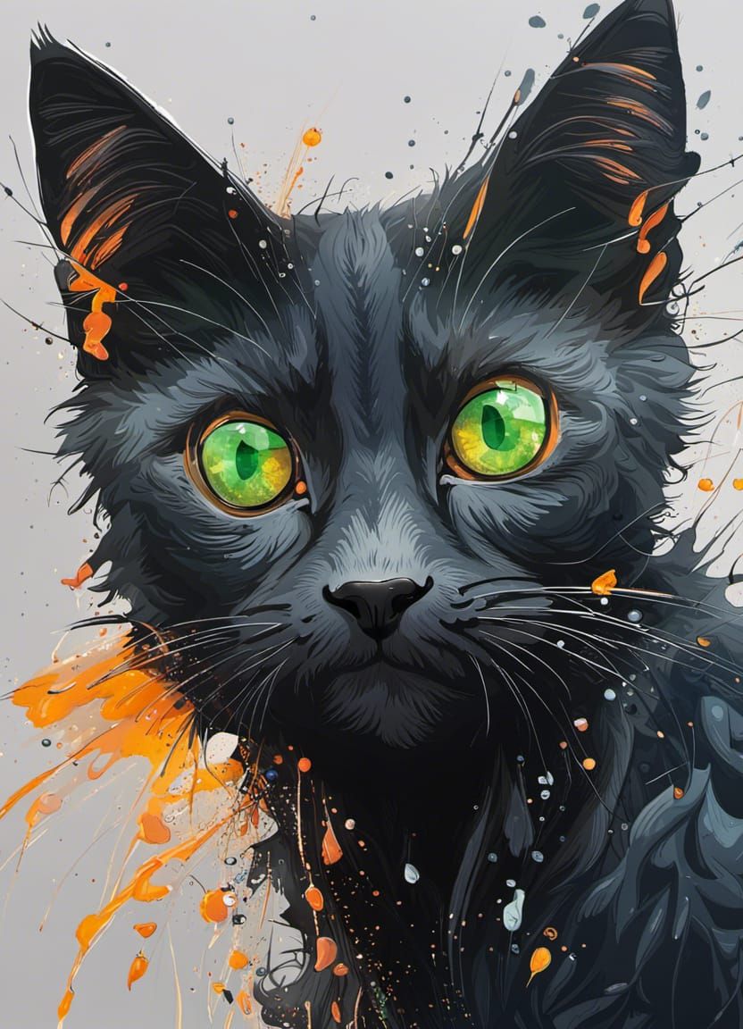Emerald-Eyed Kitten in Acrylic Gouache Splash Art