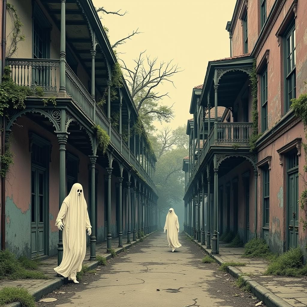 post-apocalyptic new orleans row house. ghosts. woodcut, lin...