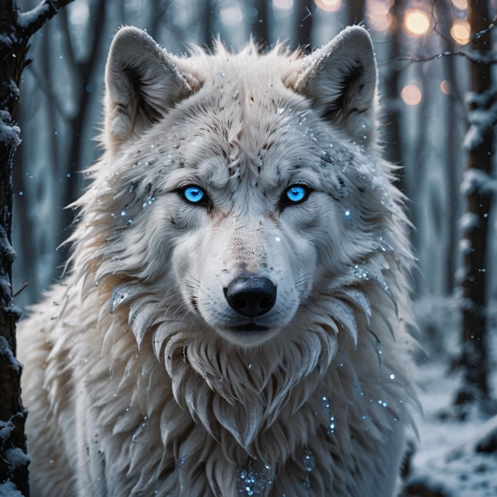 Mystical White Wolf Portrait in Dark Forest