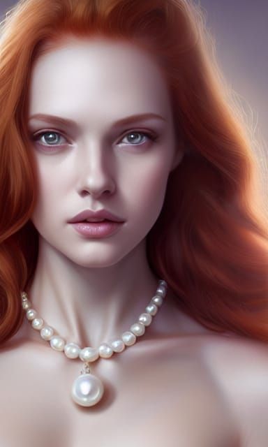 Redhead Goddess with Pearl Necklace, Hyperdetailed Portrait