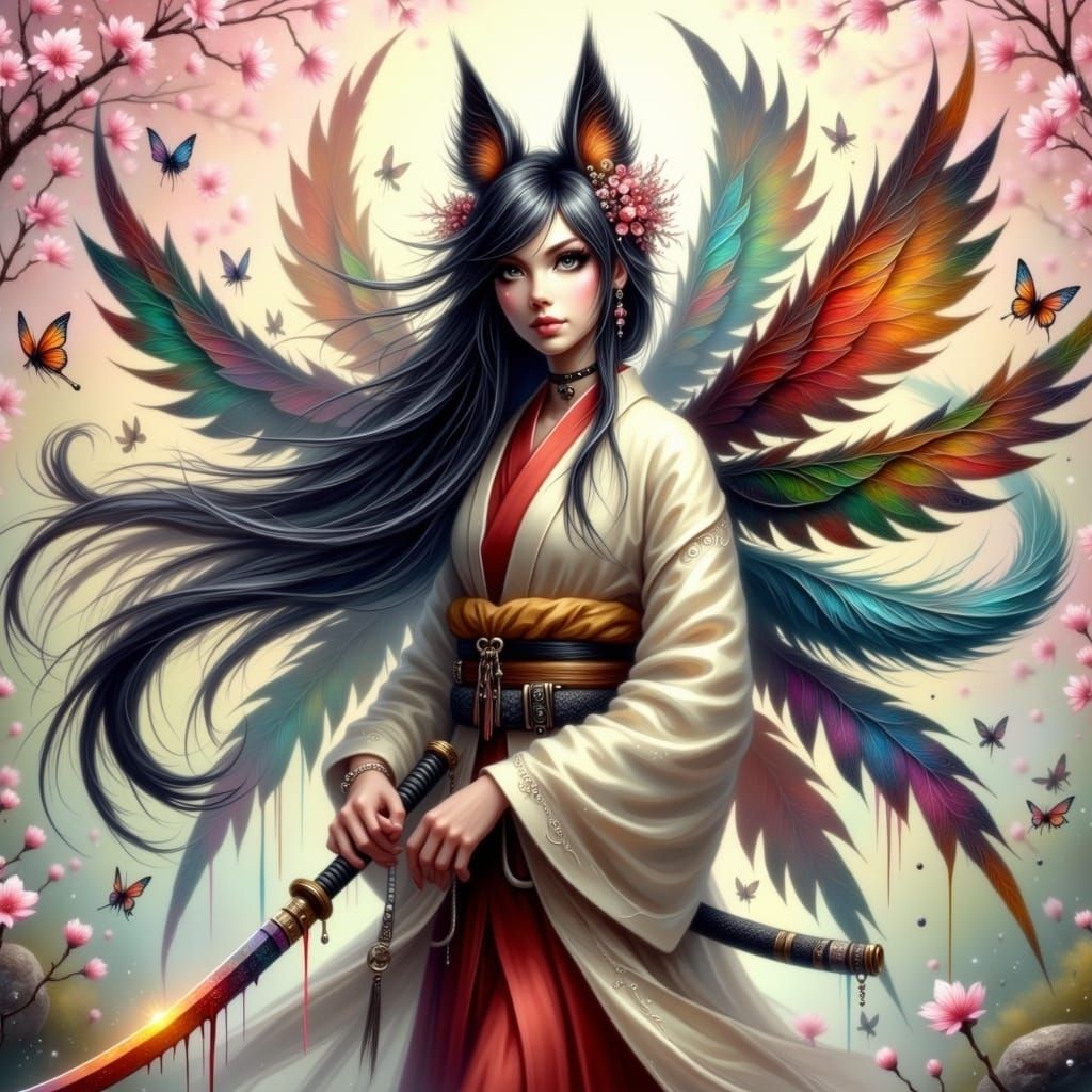 Majestic Kitsune in Fairy Punk Style with Primal Elements an...