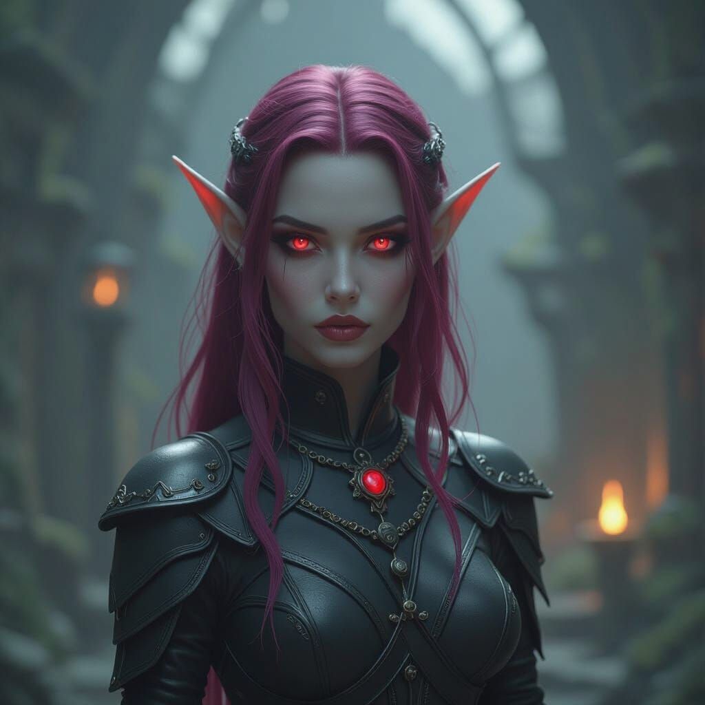 Sinister Elven Woman With Pink Hair in Dark Fantasy Style