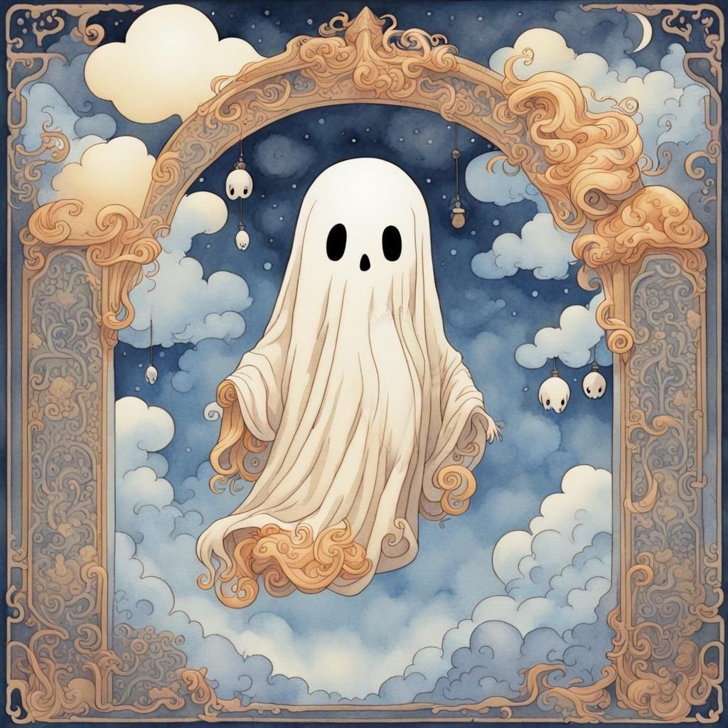 Whimsical Chibi Ghost in Watercolor
