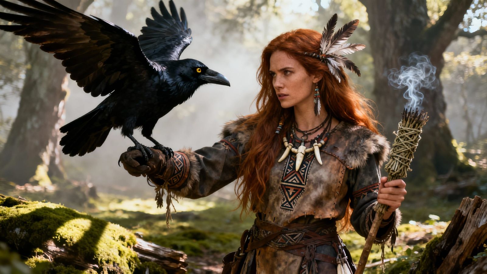 Shamanic Woman and Giant Crow in Photorealistic Style