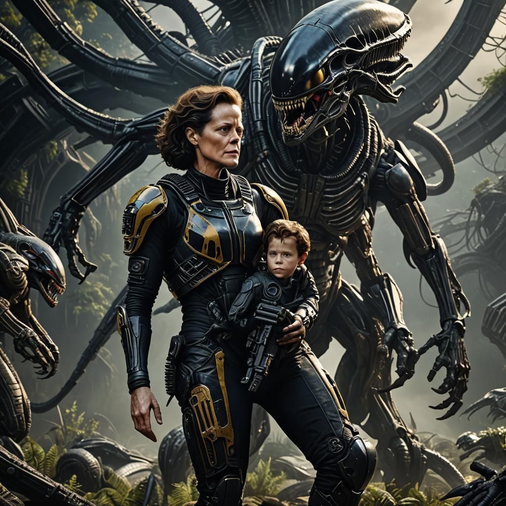 Realistic Photo of Sigourney Weaver and Xenomorph