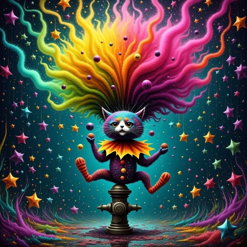 Whimsical Water Hydrant Explosion with Clown Cat