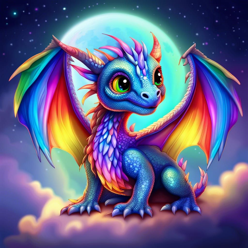 Rainbow Dragon Soaring Under the Moon
