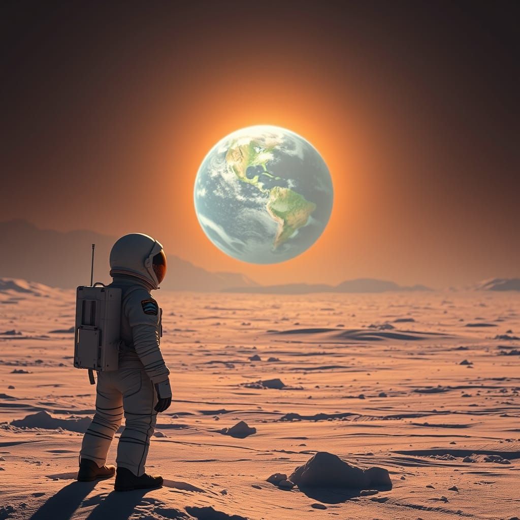 Astronaut on Snowy Planet Gazing at Earth