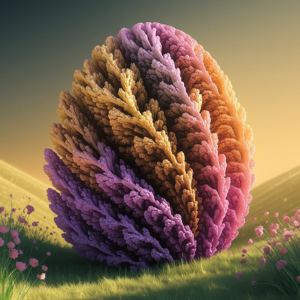 Vibrant Fractal Easter Egg in a Blooming Landscape