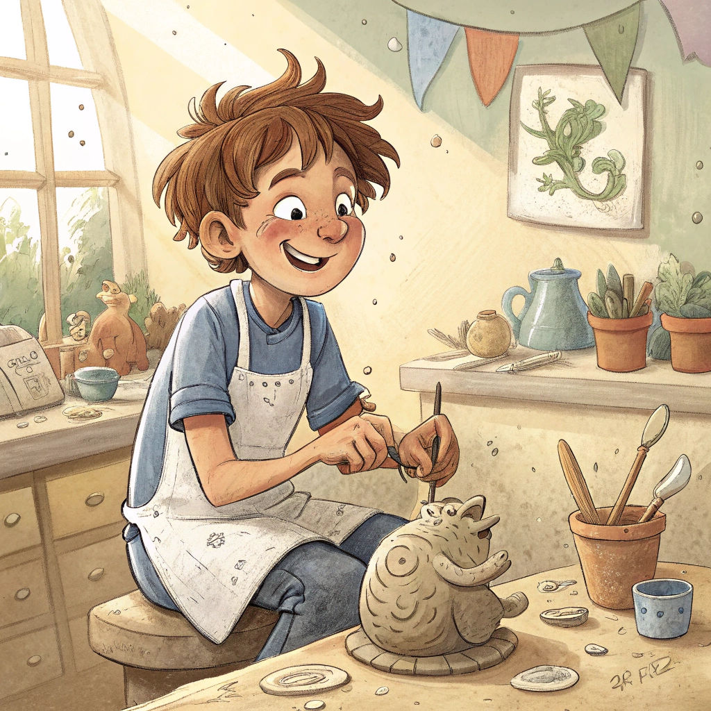 Cartoon Boy Sculpting Clay in Whimsical Style