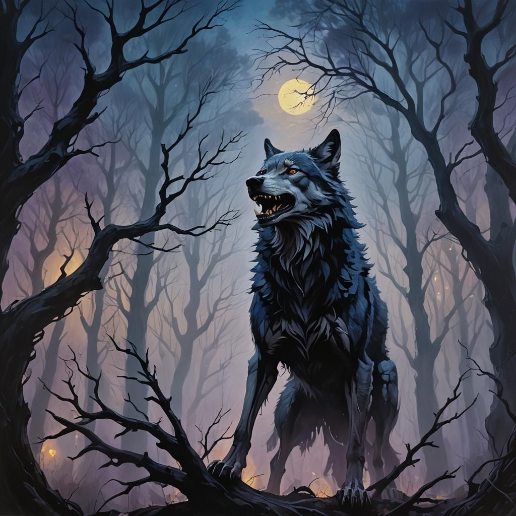 Eerie Wolf in Misty Forest: Cinematic Oil Painting