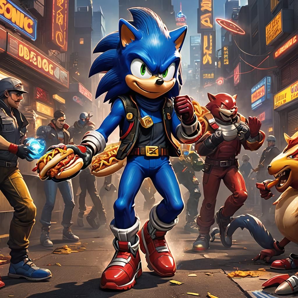 Sonic the Hedgehog in Cyberpunk Cityscape