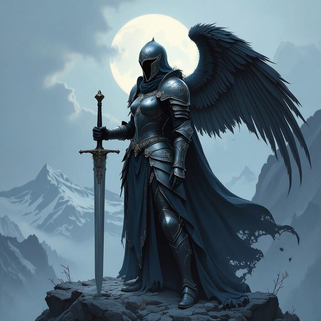 Female Knight on Windswept Peak in Dark Fantasy Style