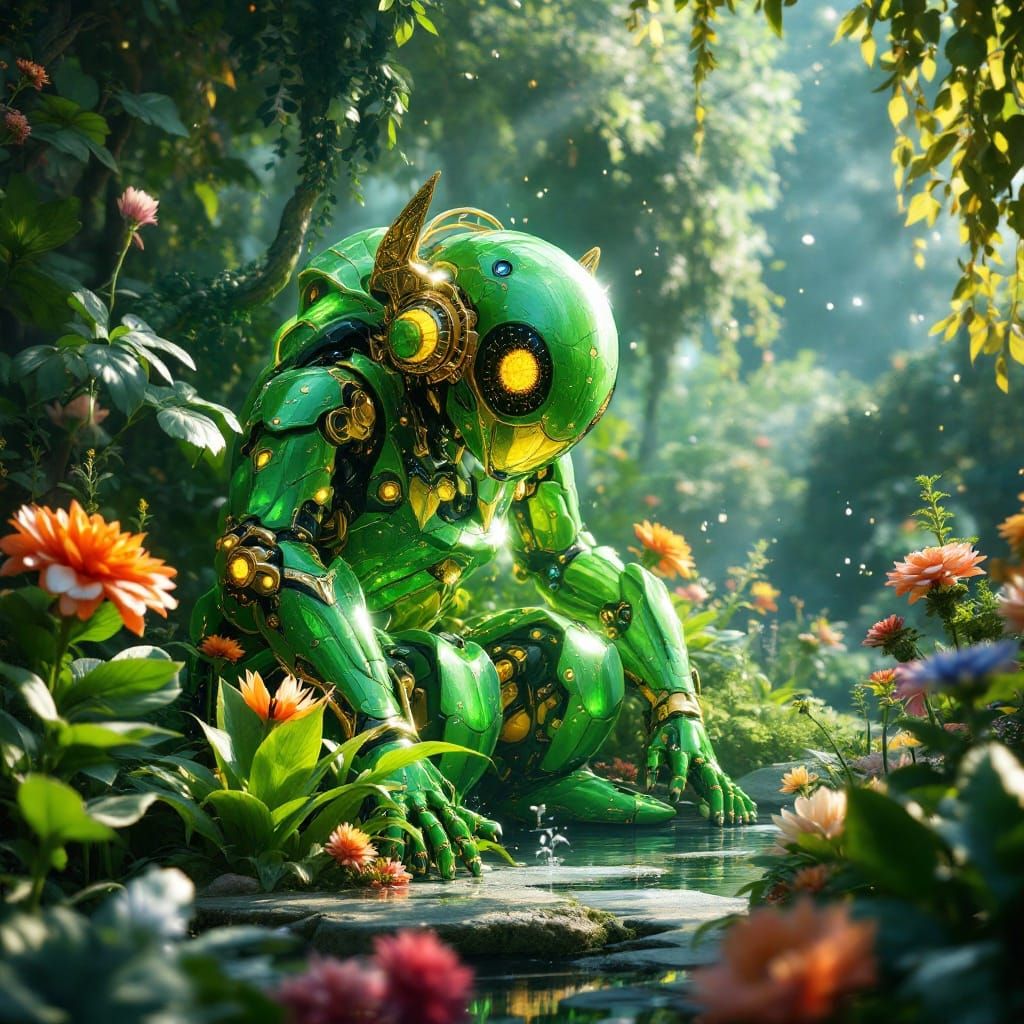 a bright green garden robot