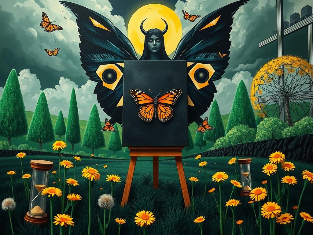 Surreal Alcohol Ink Landscape with Angel and Butterflies