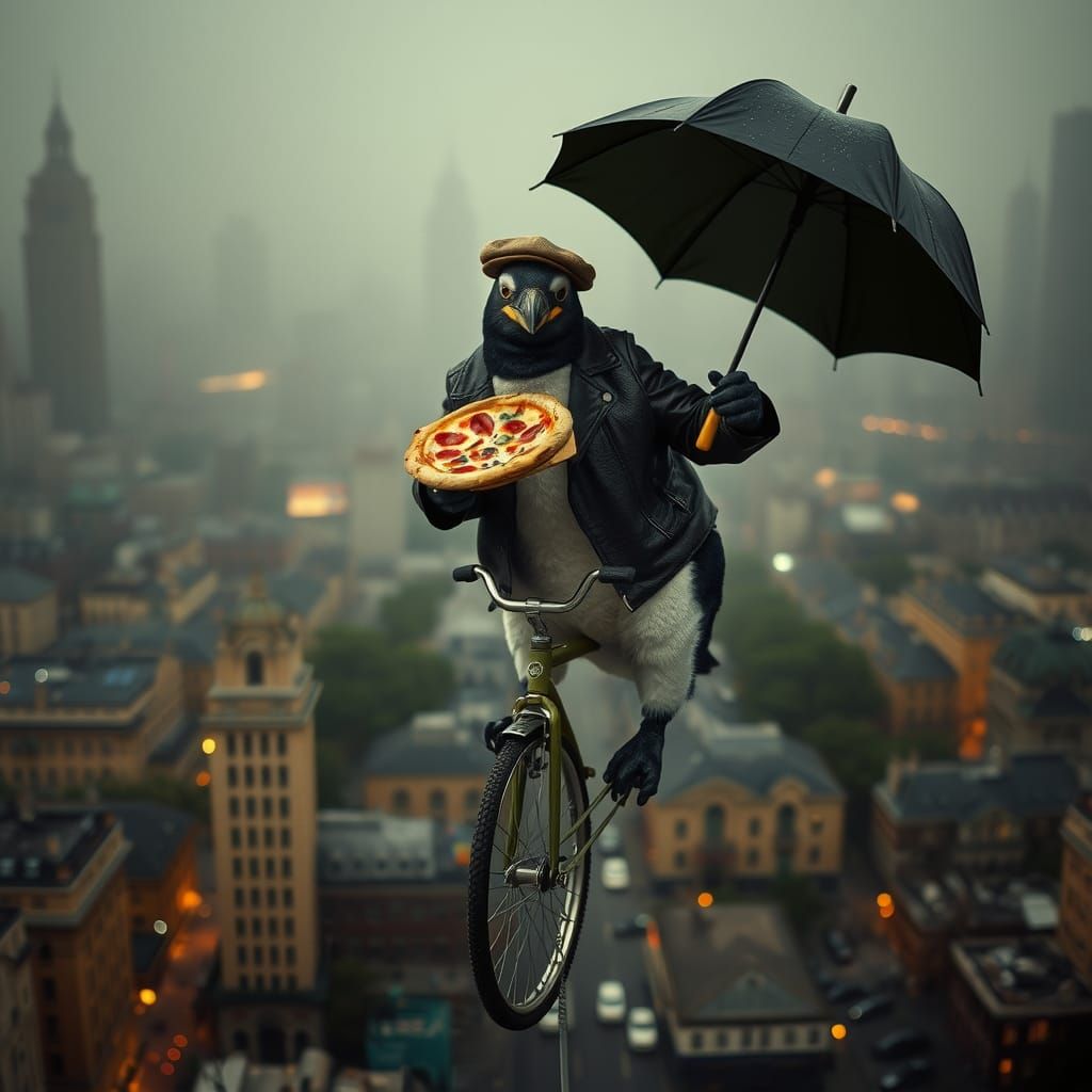 Penguin Tightrope Act in Noir Film Style