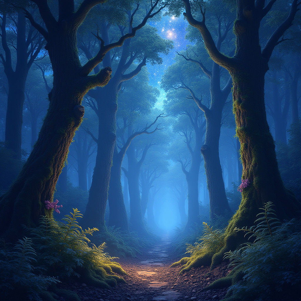 Mystical Forest Bathed in Midnight Galaxy Glow