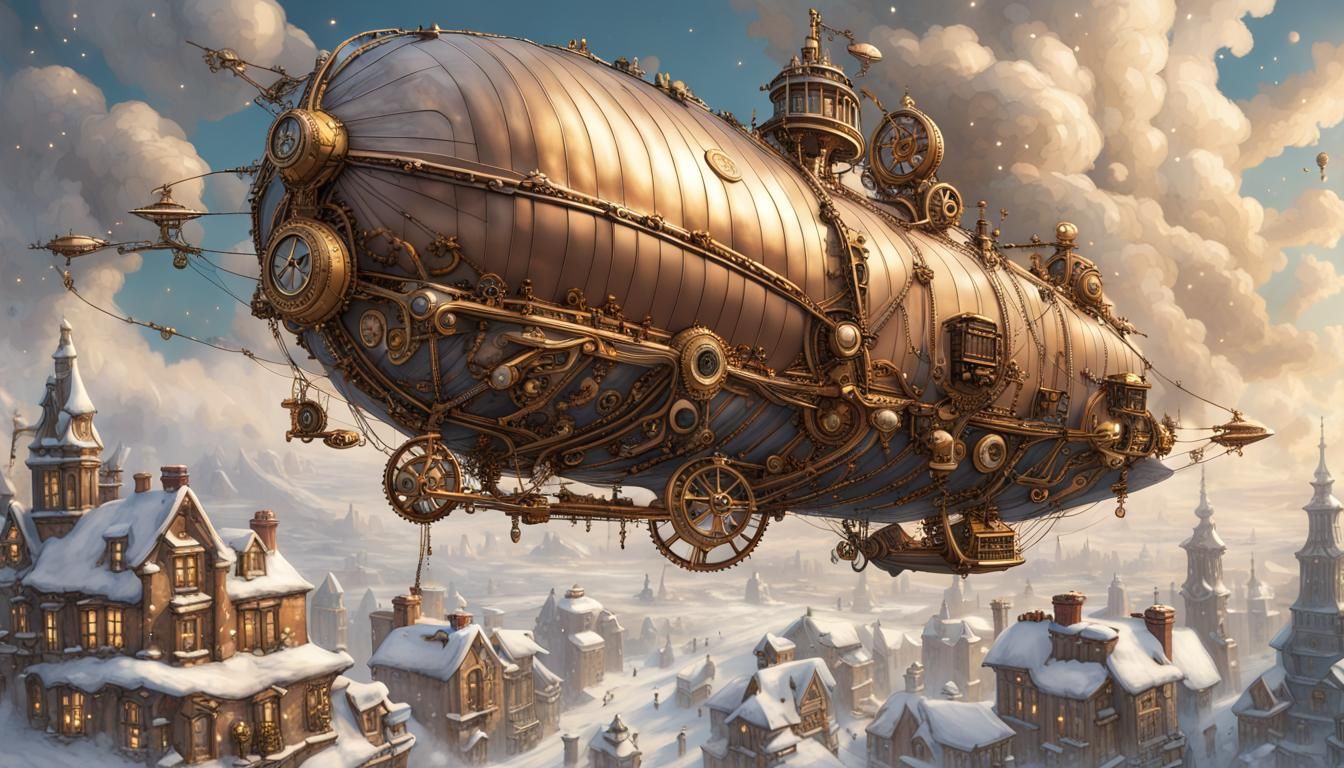 Steampunk Airship Soaring Through Winter Wonderland