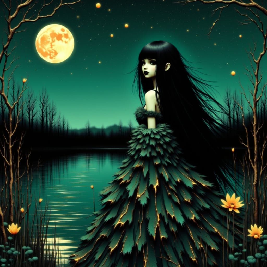 Gothic Porcelain Doll by Haunted Lake Under Full Moon