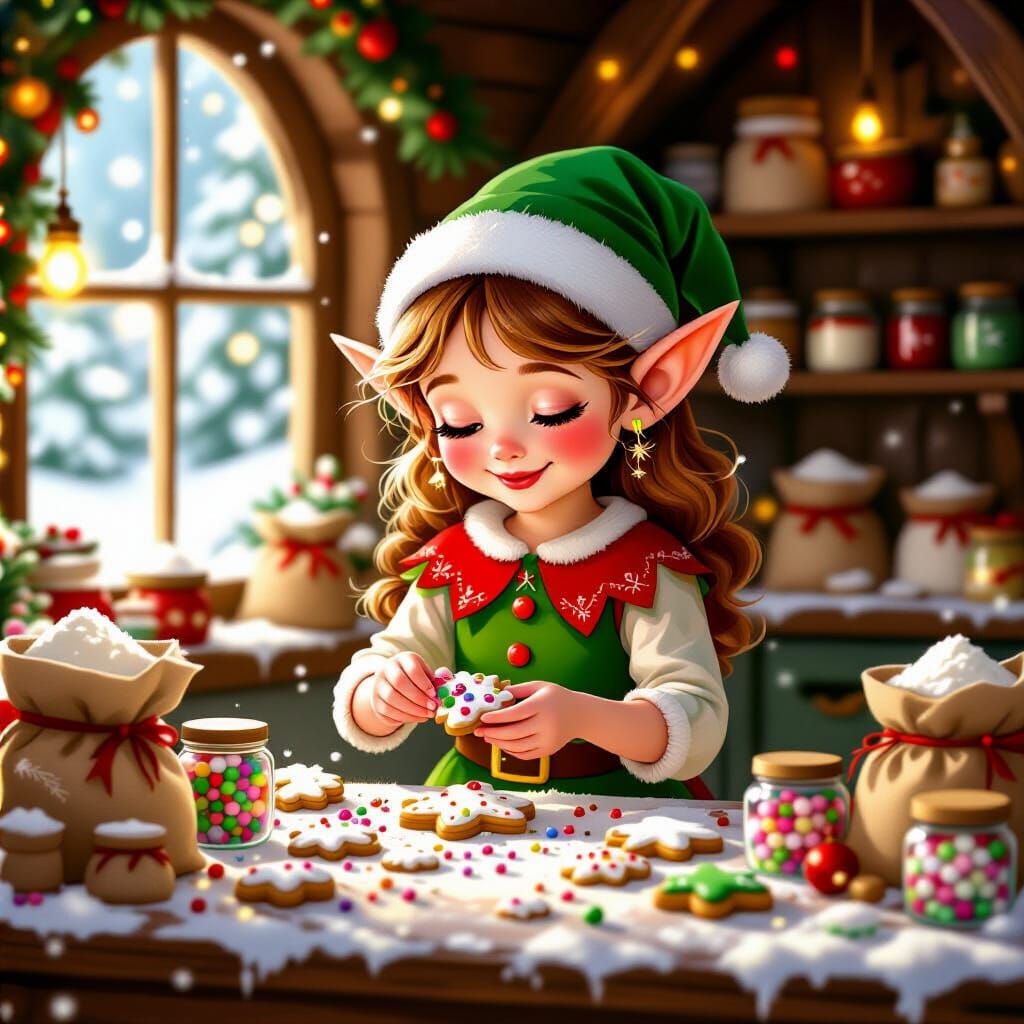 Elf Girl Baking Christmas Treats in Magical Workshop