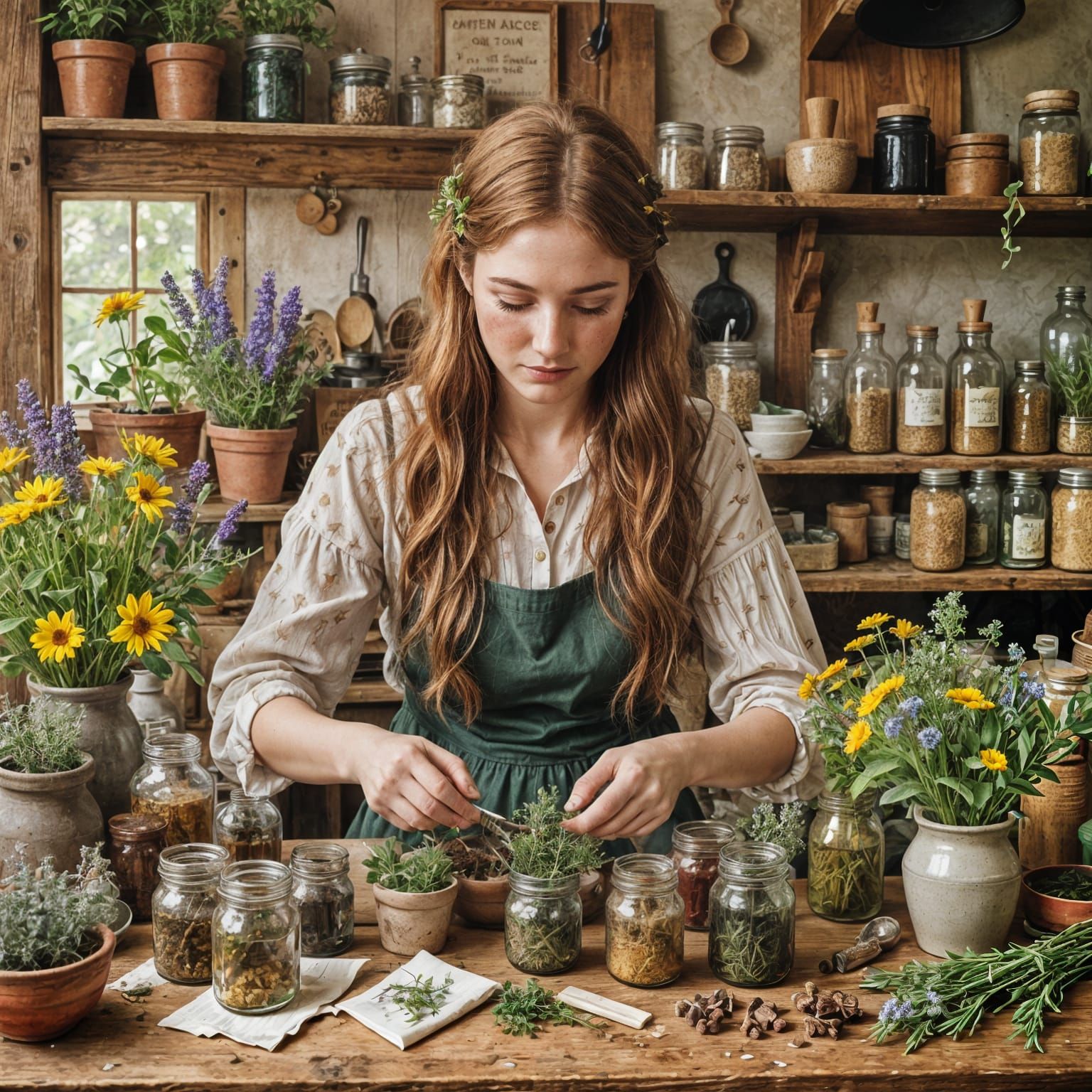 Sunlit Cottage Scene with a Young Herbalist
