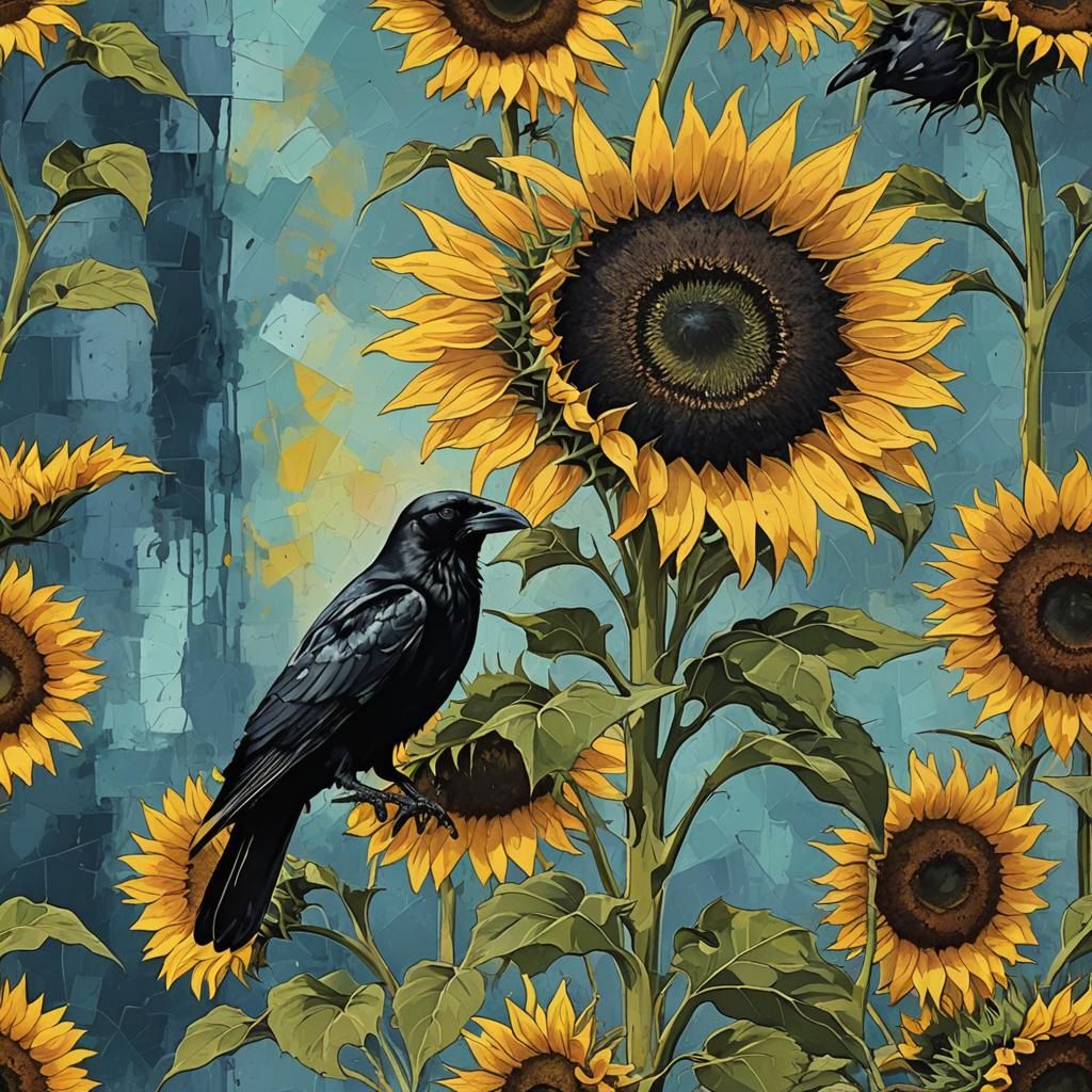 Black Crow Perched on Sunflower in Abstract Art