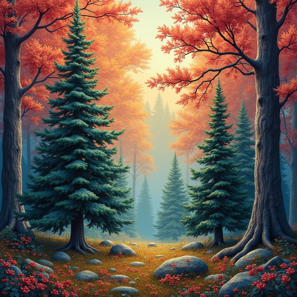 Whimsical Needlepoint Forest Scene in Vibrant Colors