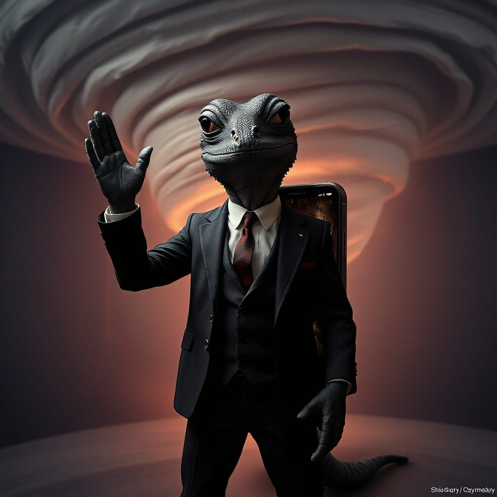 Dystopian Lizard in Tornado with Phone, Surreal Art