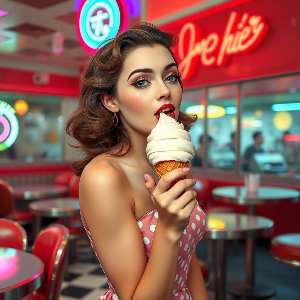 1950s Pin-Up Girl with Ice Cream, Glitch Art