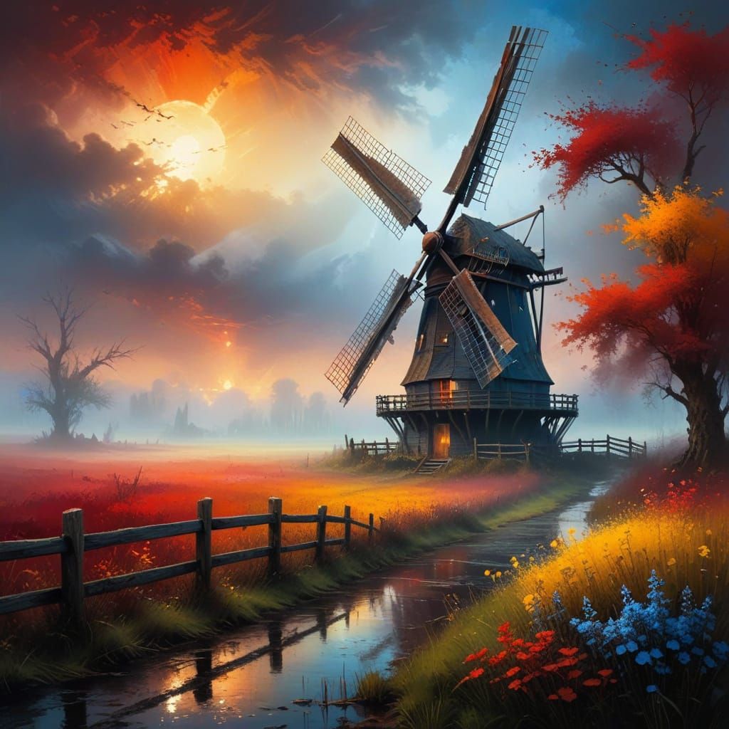 Dilapidated Dutch Windmill in a Vibrant, Foggy Landscape