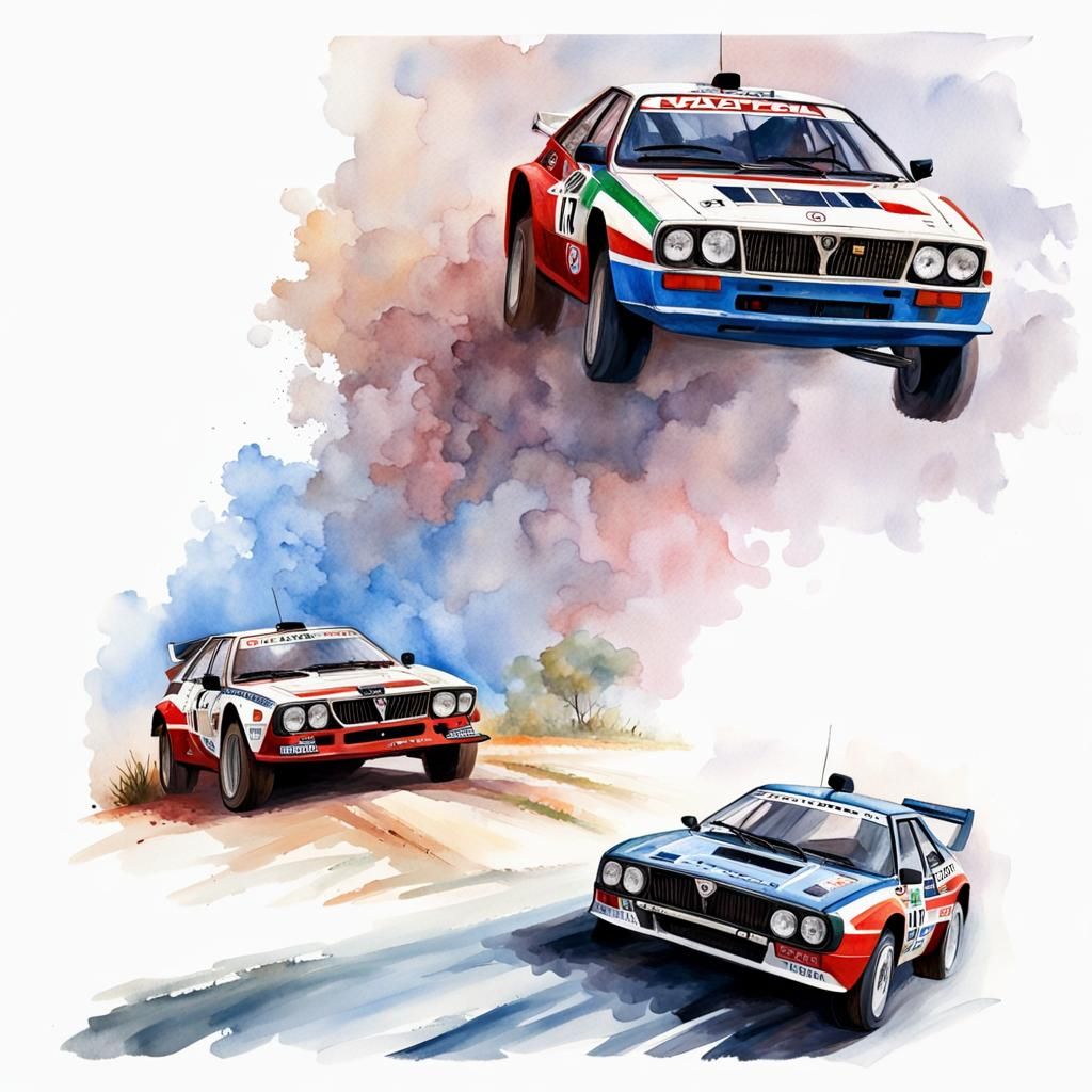Lancia Racing in Italian Countryside: Gouache Watercolor Sty...