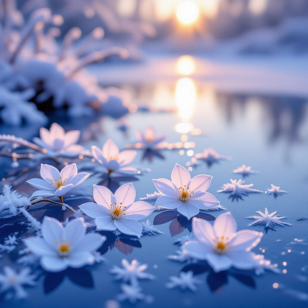Ethereal Ice Flowers Bloom on Enchanted Winter Pond