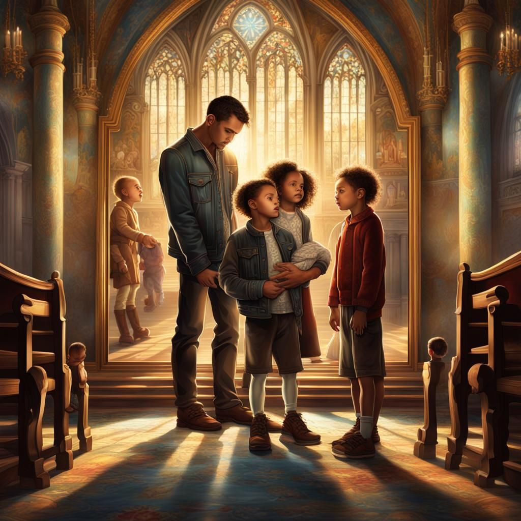 Family Reflection in Church: Detailed Matte Painting