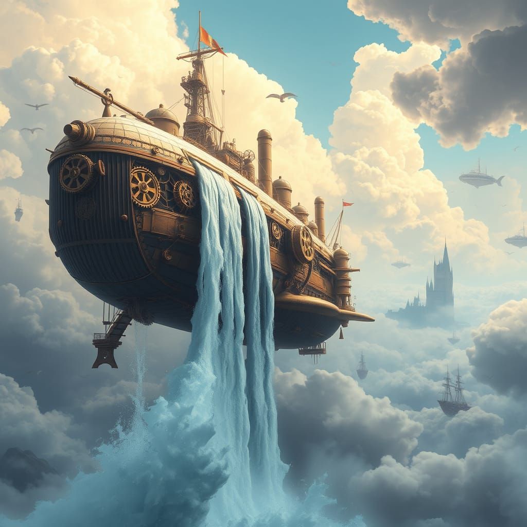 a waterfall cascading down the side of an airship,