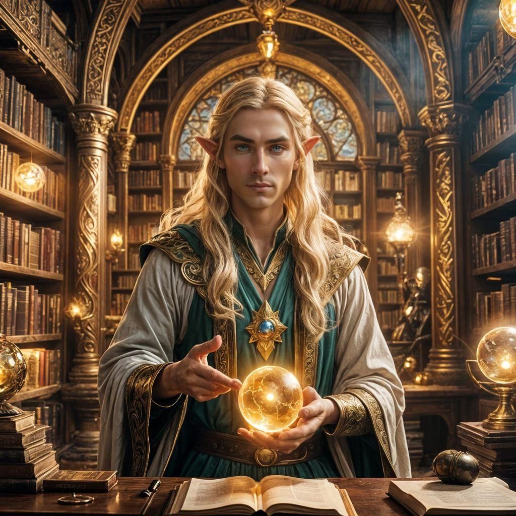 Elven Wizard with Magic Orb in High Fantasy Library