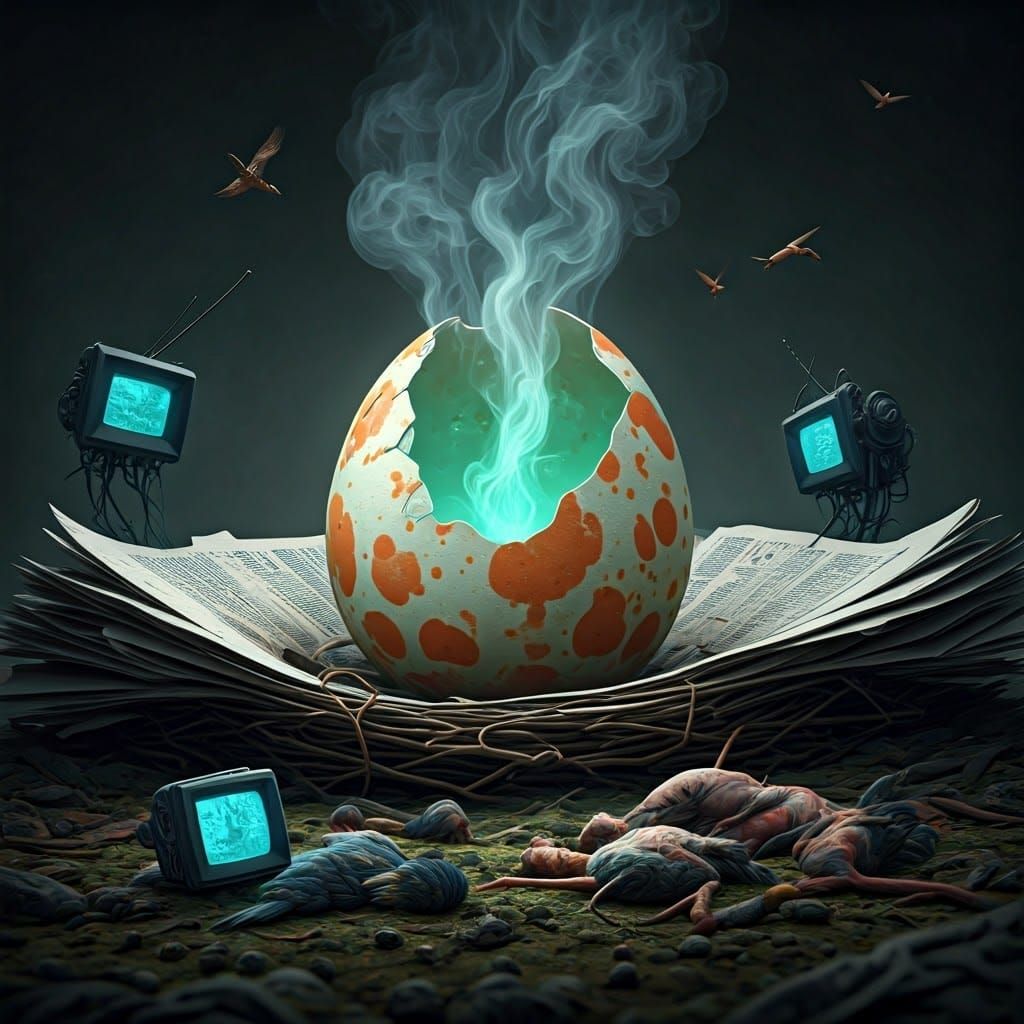 Surreal Scene of a Poisonous Egg in a Messy Newspaper Nest