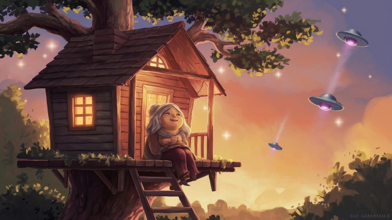 Cozy Treehouse Scene Under Golden Sunset