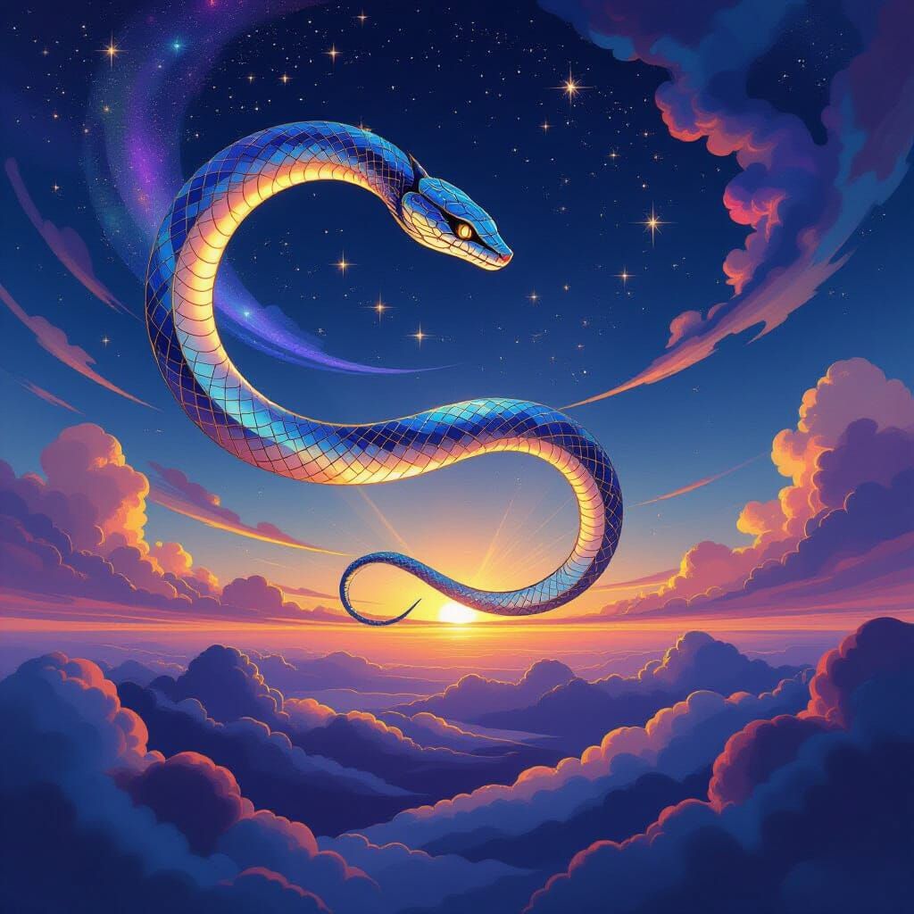 Iridescent Serpent Dances in Art Deco Twilight Sky