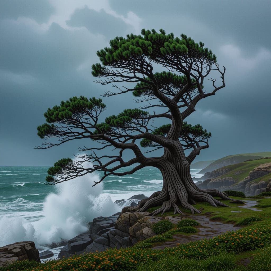 Ancient Oak on Stormy Coast Matte Painting