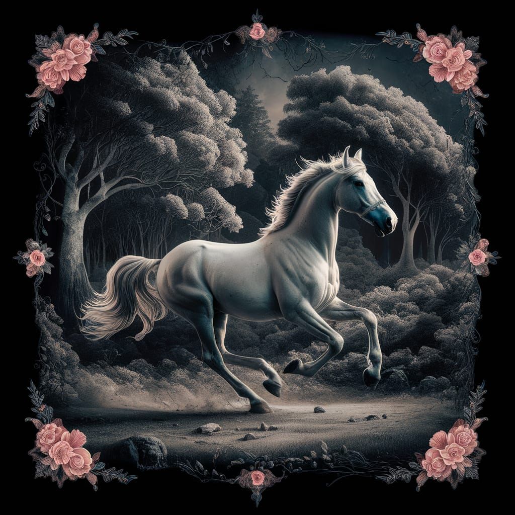 Galloping Horse in Mixed Media Woodland Scene