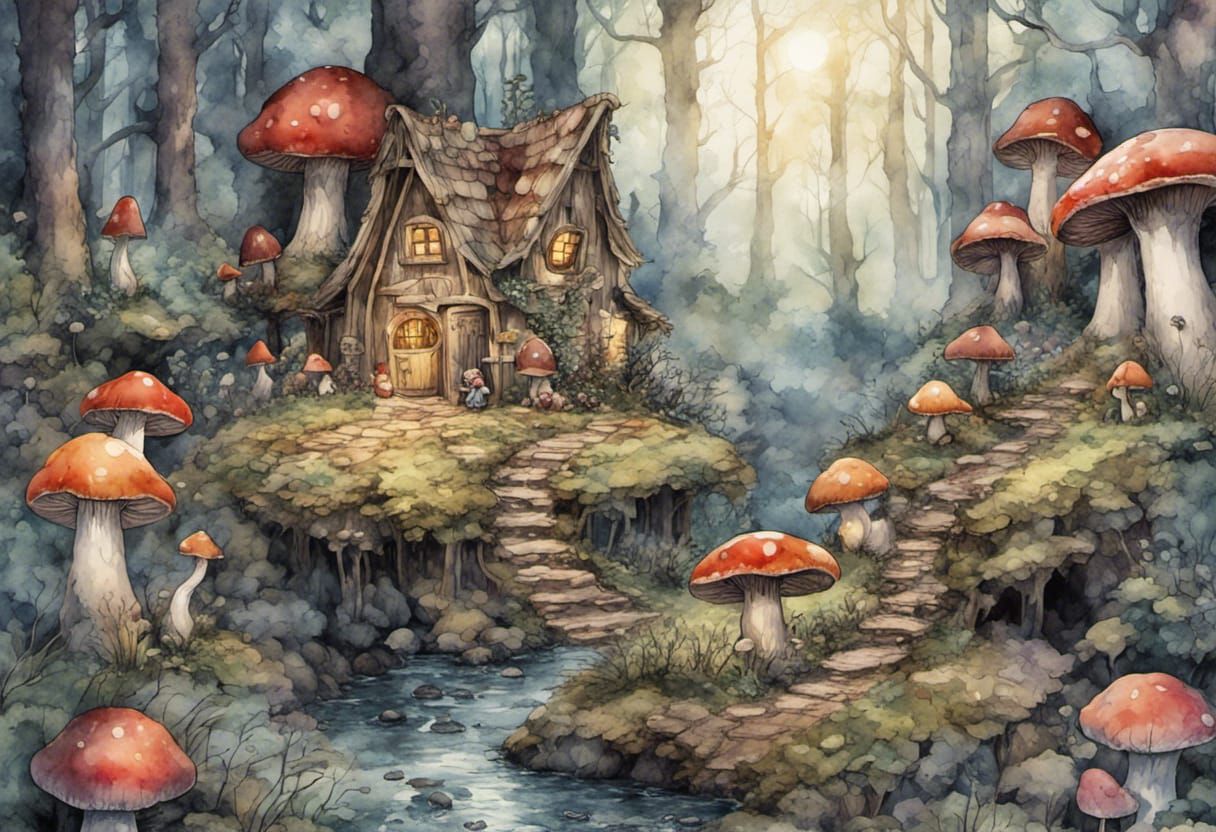 Gnome Village in Mushroom Forest: Watercolor Splash Art