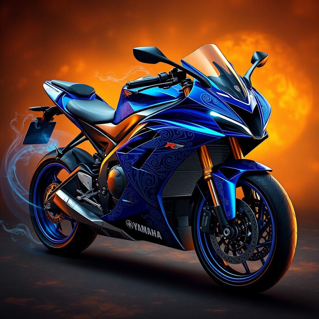 Dystopian Yamaha R1 Motorcycle in Cobalt Blue with Mystical...