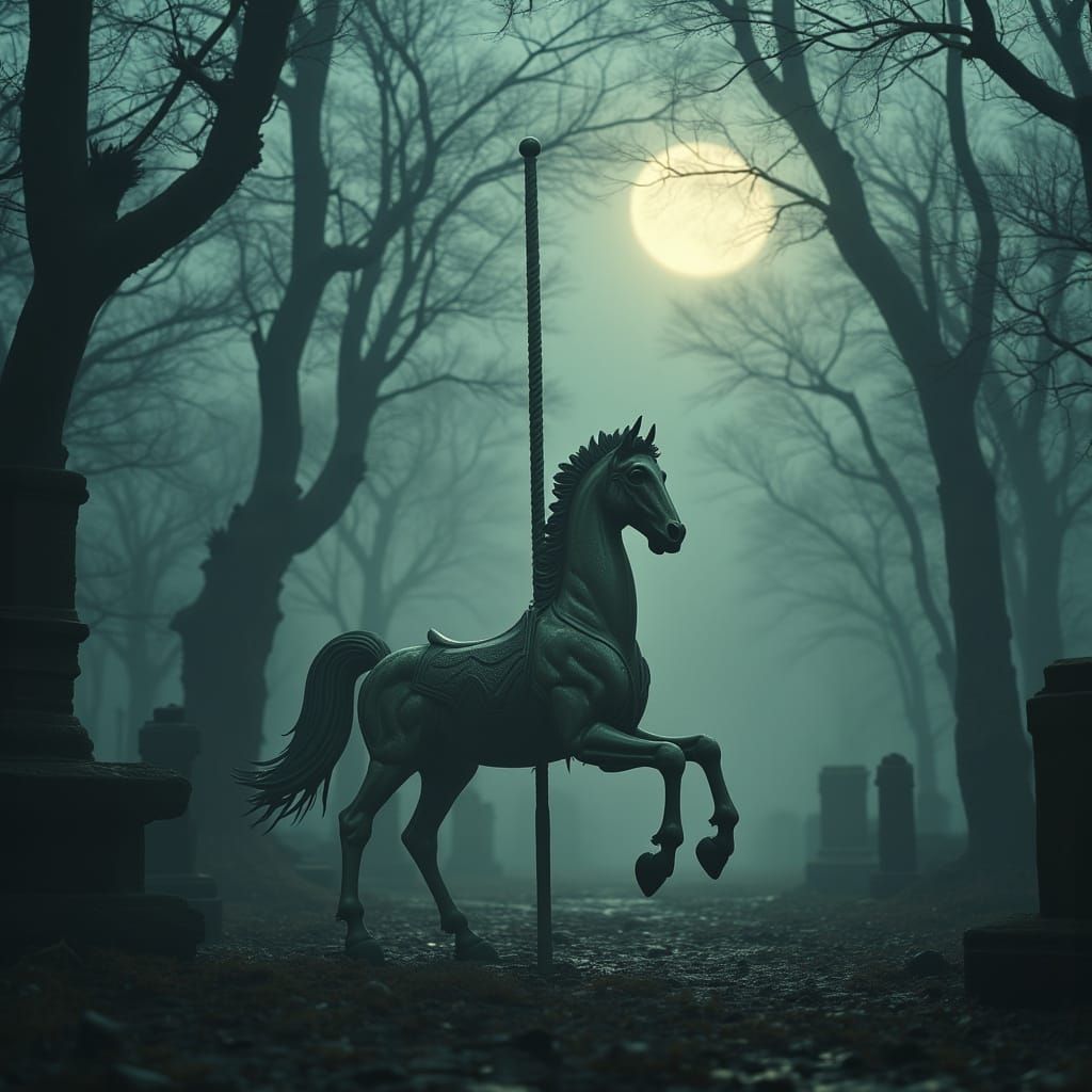 Spectral Carousel Horse in Foggy Victorian Graveyard