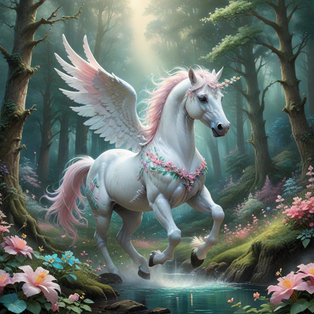 Ethereal Pegasus Forest Realm Hyperrealistic Art